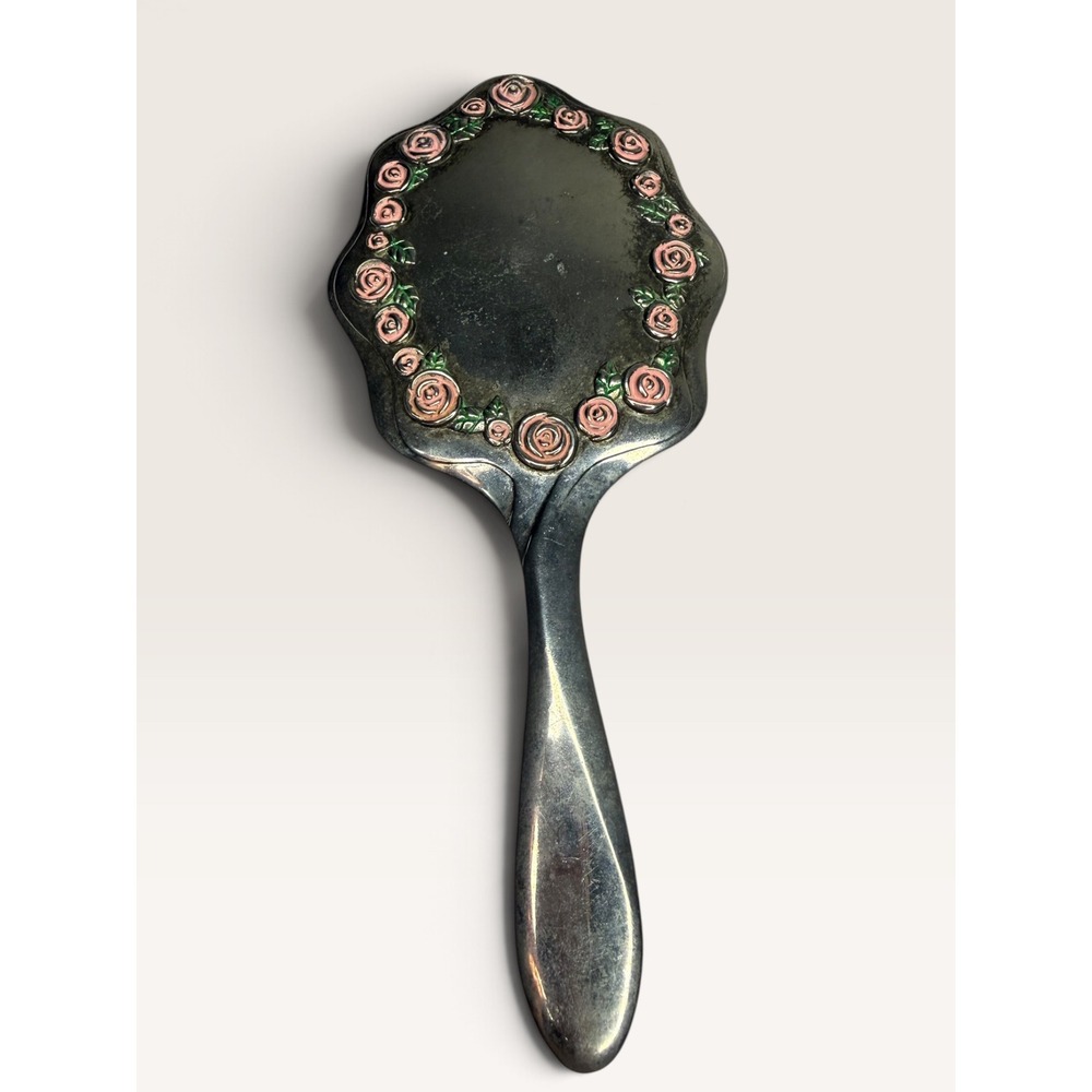 Vintage Silver Plated Hand Mirror Pink Rose Scalloped Rim Vanity Coquette